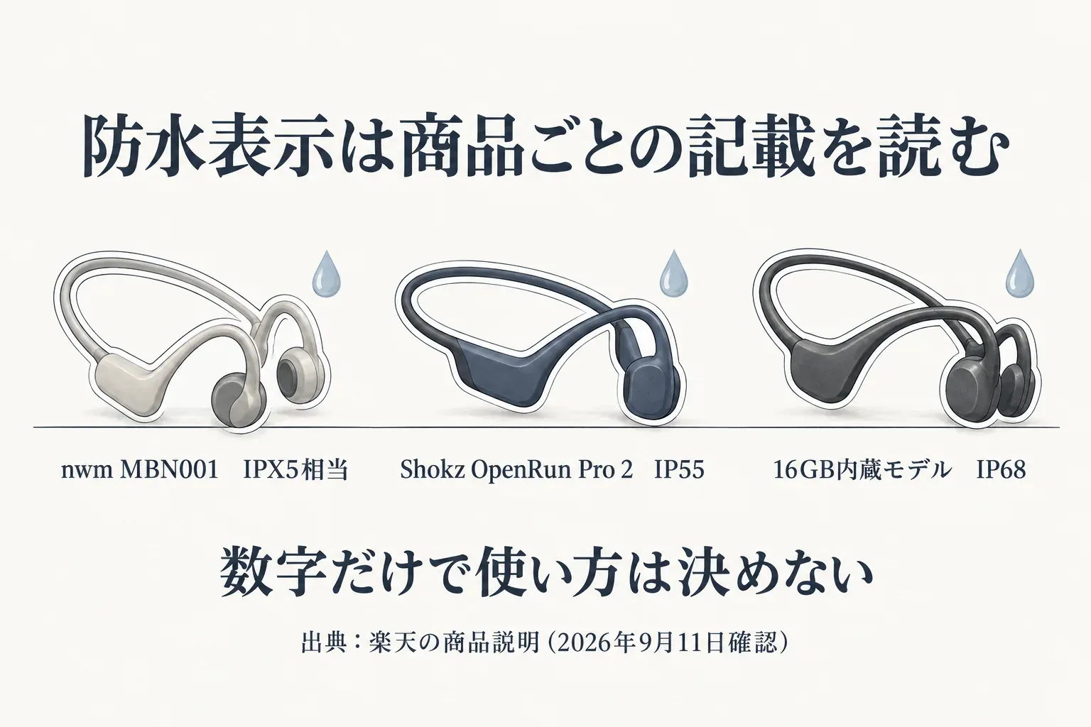 骨伝導イヤホン3機種の防水表示を並べた図。nwm MBN001はIPX5相当、Shokz OpenRun Pro 2はIP55、16GB内蔵モデルはIP68と記載され、数字だけで使い方を決めず商品ごとの説明を読むよう示す。出典：楽天の商品説明（2026年9月11日確認）。