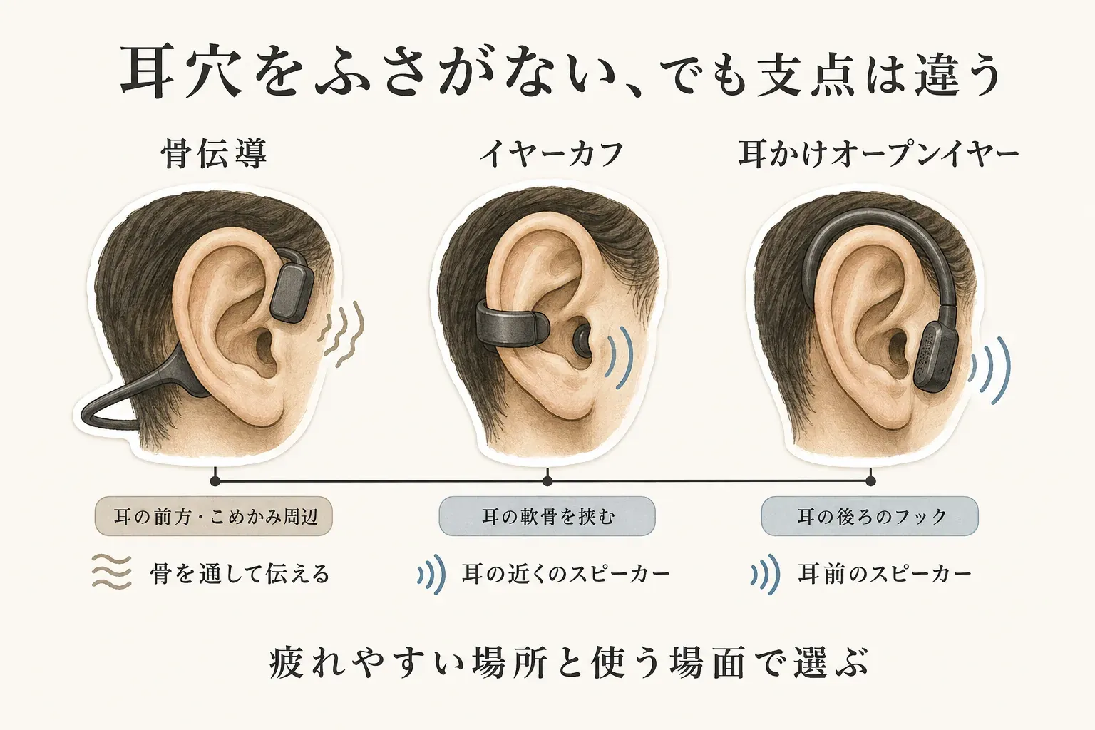 骨伝導・イヤーカフ・耳かけオープンイヤーの3方式を耳のイラストで比較した図。骨伝導は骨を通して伝え耳の前方・こめかみ周辺で支え、イヤーカフは耳の近くのスピーカーを使い耳の軟骨を挟み、耳かけオープンイヤーは耳前のスピーカーを使い耳の後ろのフックで支えることを示す。