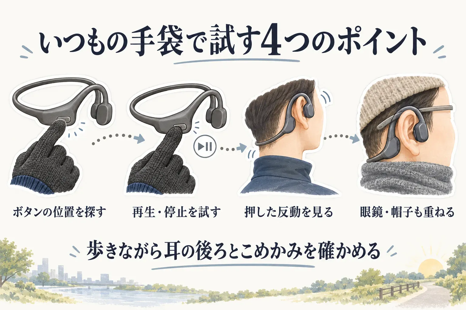 いつもの手袋でイヤホンを試す4つのポイントを示す図。手袋をしたまま物理ボタンの位置を探し、再生・停止を試し、ボタンを押した反動で装着位置がずれないかを見て、眼鏡・帽子・ネックウォーマーと重ねて耳の後ろやこめかみを歩きながら確認する。