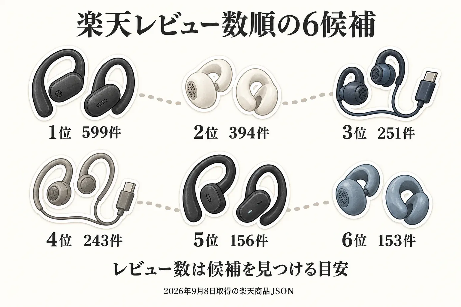 楽天レビュー数順のイヤーカフ型・オープンイヤーイヤホン6候補を示す図。1位599件、2位394件、3位251件、4位243件、5位156件、6位153件と並び、レビュー数は候補を見つける目安と案内している。出典：2026年9月8日取得の楽天商品JSON。