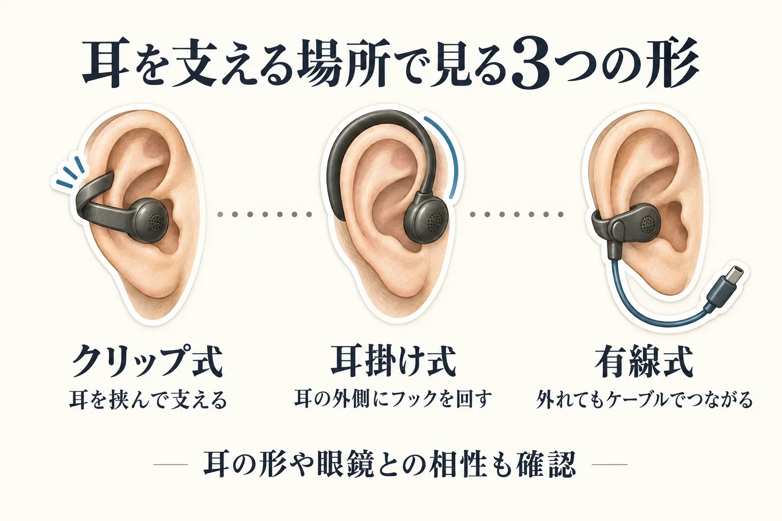 耳を支える場所で見るイヤーカフ型イヤホンの3つの形を示す図。クリップ式は耳を挟んで支え、耳掛け式は耳の外側にフックを回し、有線式は外れてもケーブルでつながる。耳の形や眼鏡との相性も確認するよう案内している。