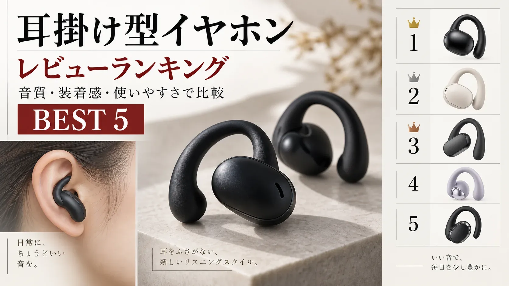 耳掛け型イヤホンのレビューランキングを示す図。耳に装着したイヤホンと製品写真、1位から5位までの候補を並べ、音質・装着感・使いやすさで比較するよう案内している。