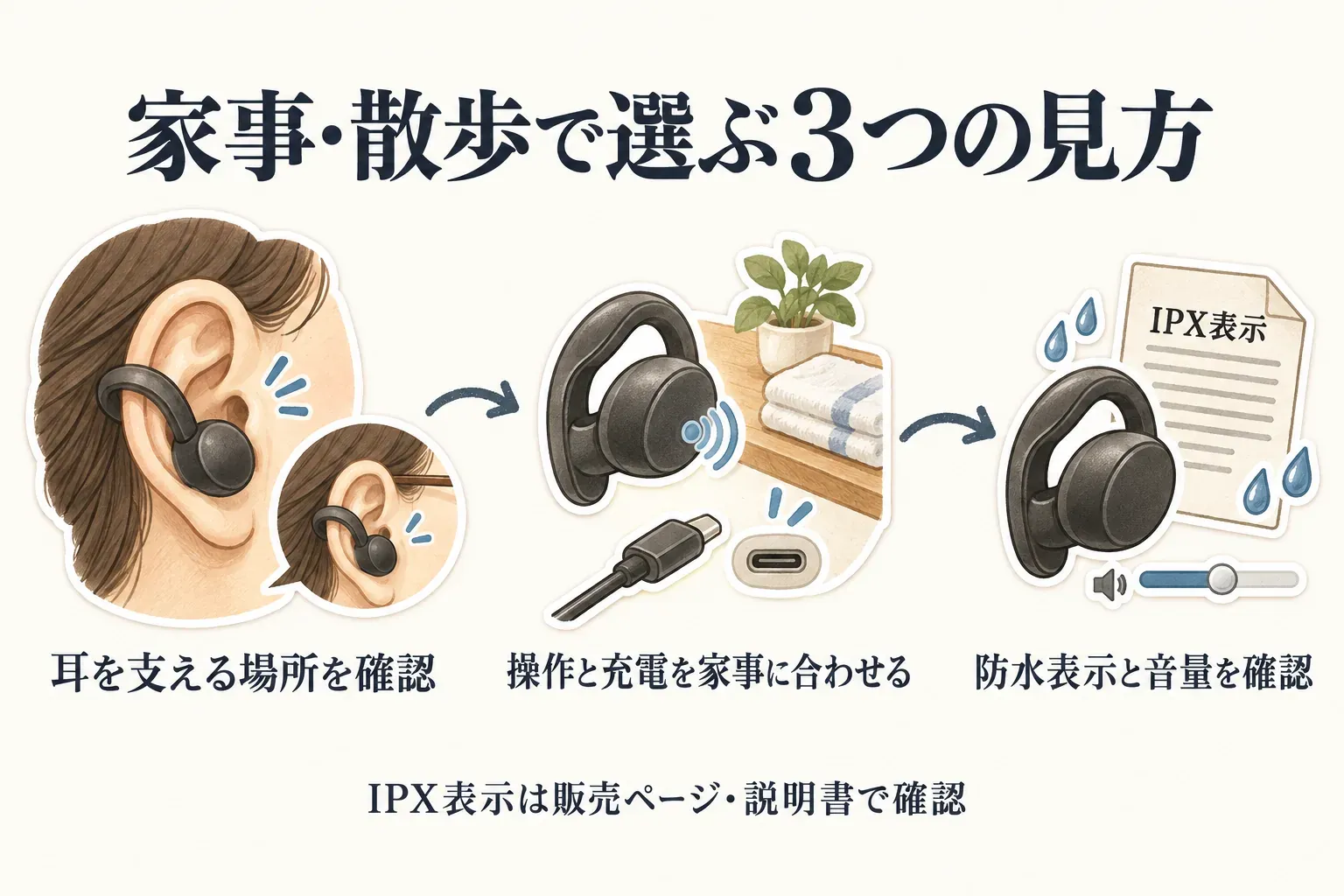 家事・散歩でイヤーカフ型イヤホンを選ぶ3つの見方を示す図。耳を支える場所を確認し、操作と充電を家事に合わせ、防水のIPX表示と音量を販売ページ・説明書で確認する。