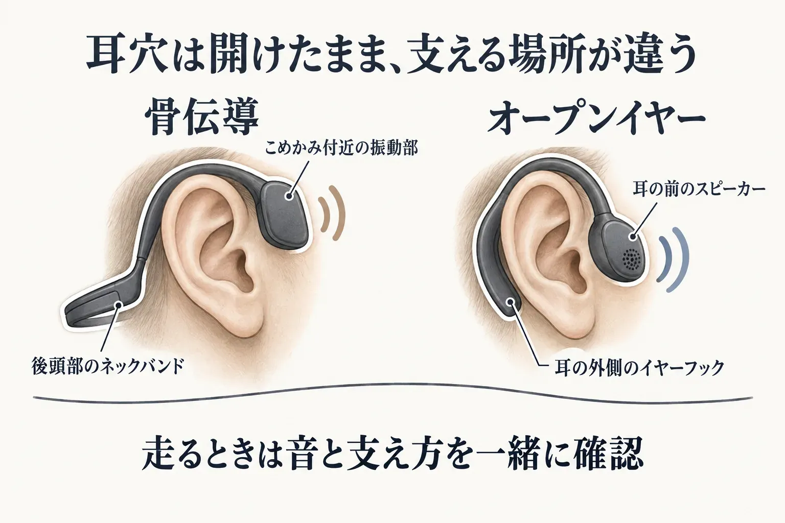 骨伝導とオープンイヤーの支える場所を耳のイラストで比較した図。骨伝導はこめかみ付近の振動部と後頭部のネックバンド、オープンイヤーは耳の前のスピーカーと耳の外側のイヤーフックで支えることを示し、どちらも耳穴を開けたまま使うことを説明している。