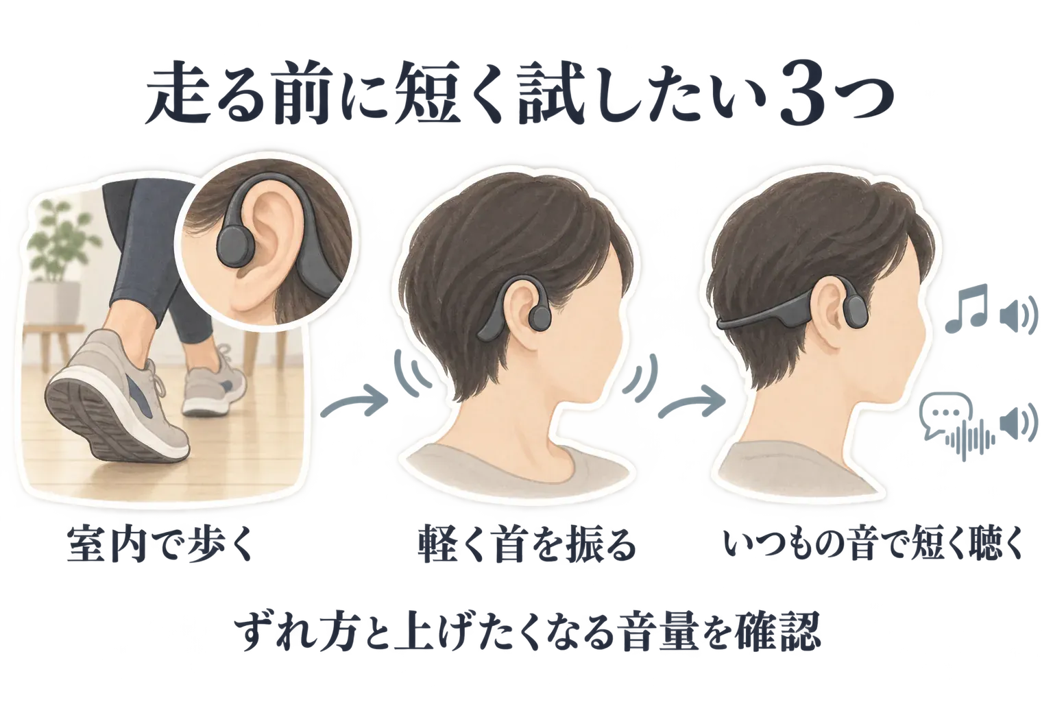 走る前に短く試したい3つを示す図。イヤホンを着けて室内で歩く、軽く首を振る、いつもの音量で短く聴く順に確認し、イヤホンのずれ方と音量を上げたくなる場面を確かめる内容。