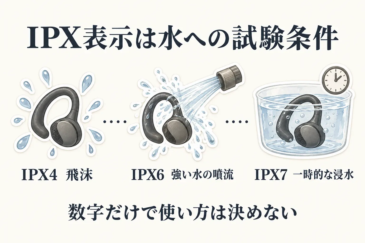 IPX表示が水への試験条件を示す図。IPX4は飛沫、IPX6は強い水の噴流、IPX7は一時的な浸水に対する保護条件であり、数字だけで使い方は決められないと説明している。