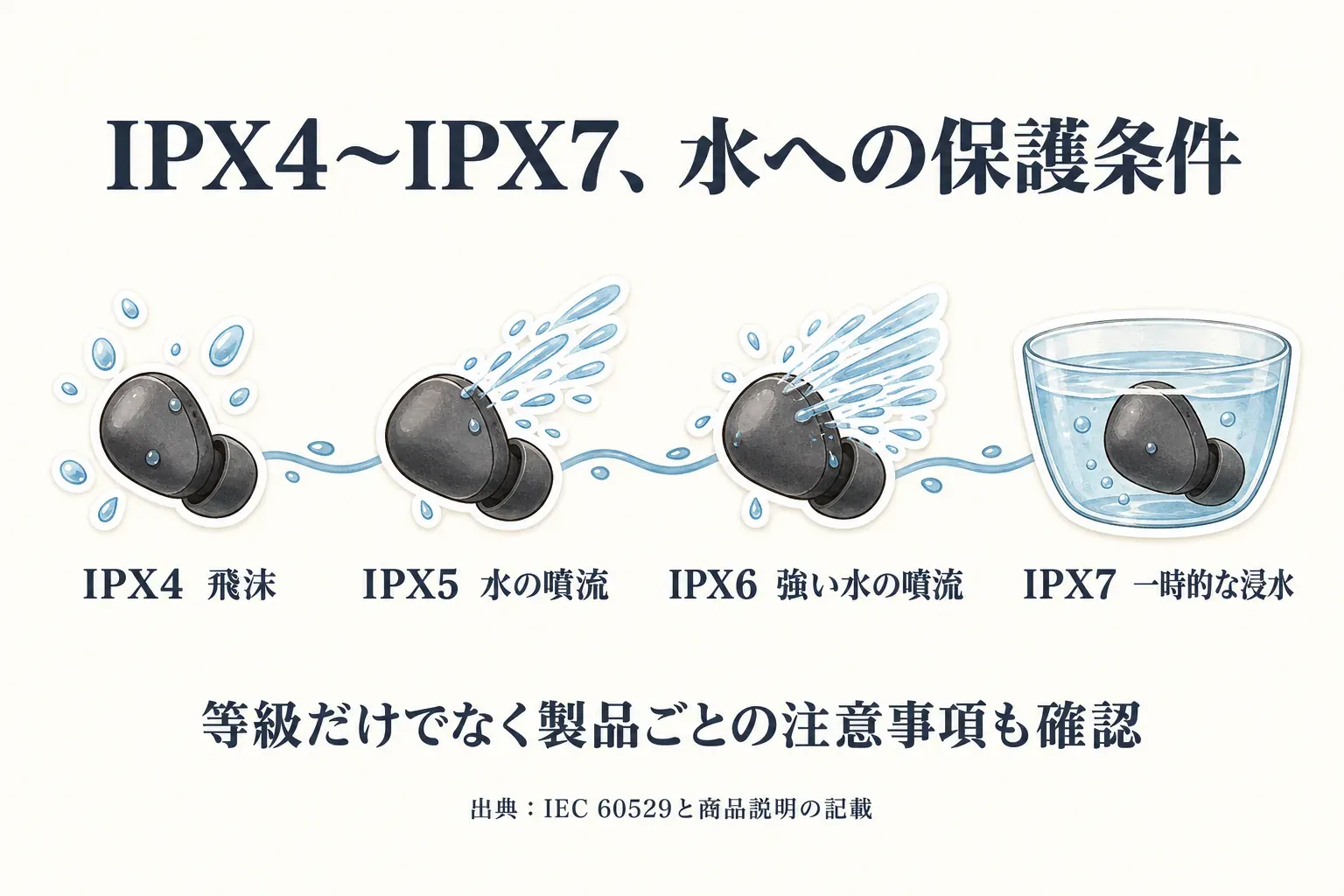 IPX4からIPX7までの水への保護条件を示す図。IPX4は飛沫、IPX5は水の噴流、IPX6は強い水の噴流、IPX7は一時的な浸水で、等級だけでなく製品ごとの注意事項も確認するよう案内している。出典：IEC 60529と商品説明の記載。