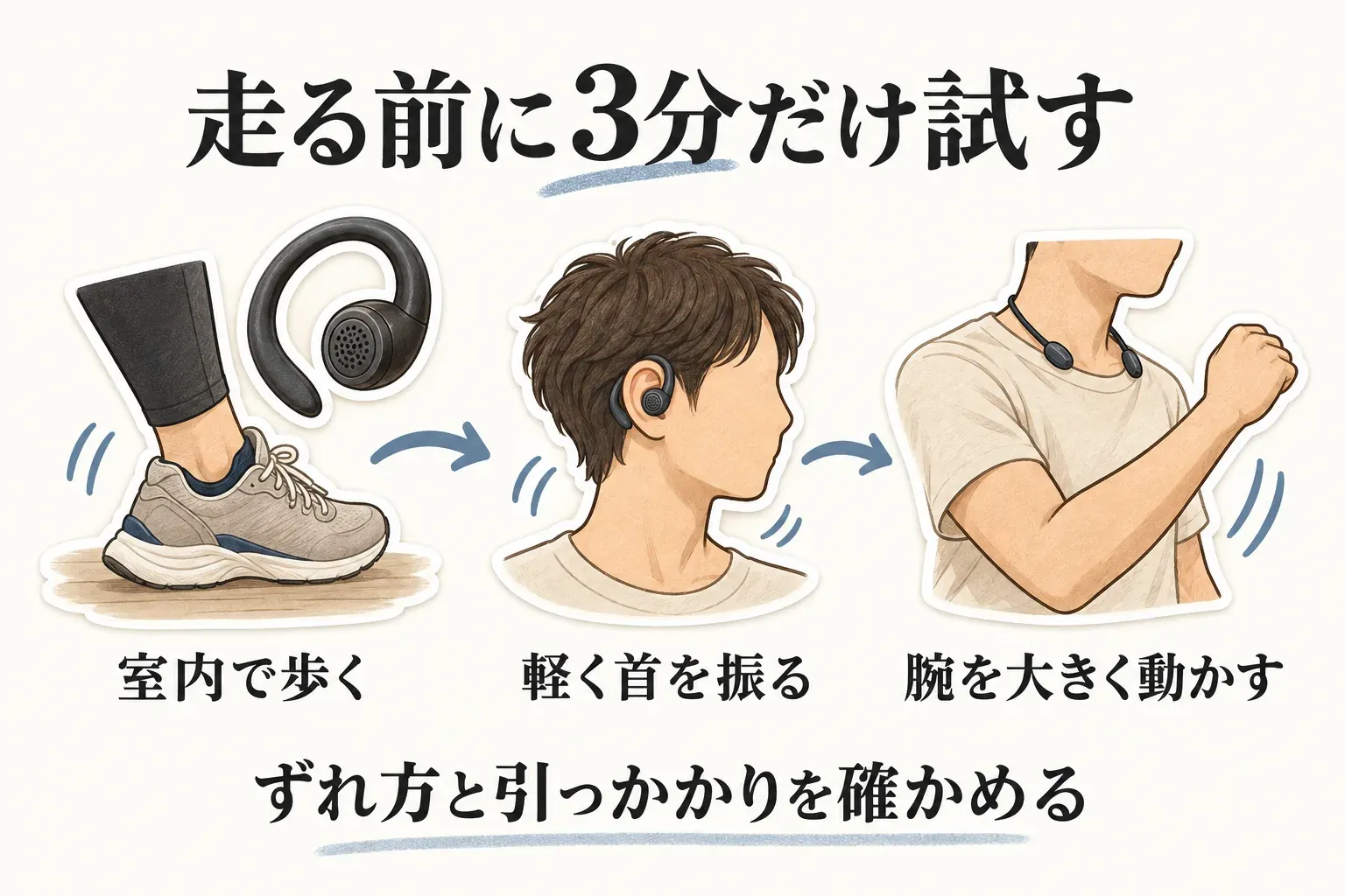 走る前に3分だけ試す装着確認の図。室内で歩く、軽く首を振る、腕を大きく動かす順に試し、イヤホンのずれ方と衣服への引っかかりを確かめることを示している。