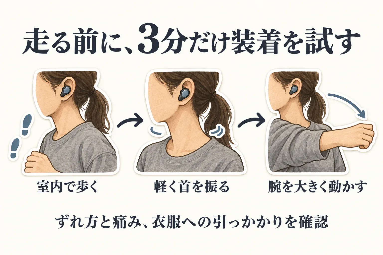 走る前に3分だけ装着を試す図。室内で歩く、軽く首を振る、腕を大きく動かす順に、イヤホンのずれ方、耳の痛み、衣服への引っかかりを確認することを示している。