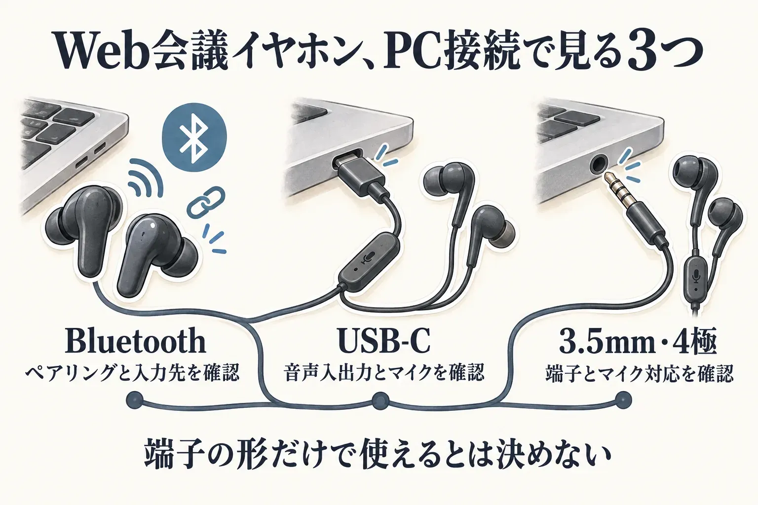 Web会議用イヤホンのPC接続で確認する3つを示す図。Bluetoothはペアリングと入力先、USB-Cは音声入出力とマイク、3.5mm・4極は端子とマイク対応を確認し、端子の形だけで使えると決めないよう案内している。