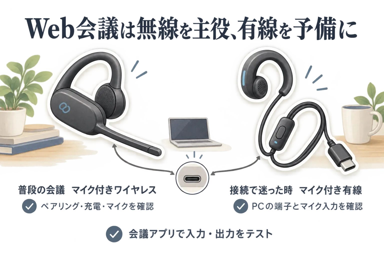 Web会議では無線を主役、有線を予備にする役割分担を示す図。普段の会議はマイク付きワイヤレスでペアリング・充電・マイクを確認し、接続に迷ったときはマイク付き有線でPCの端子とマイク入力を確認する。どちらも会議アプリで入力・出力をテストするよう案内している。
