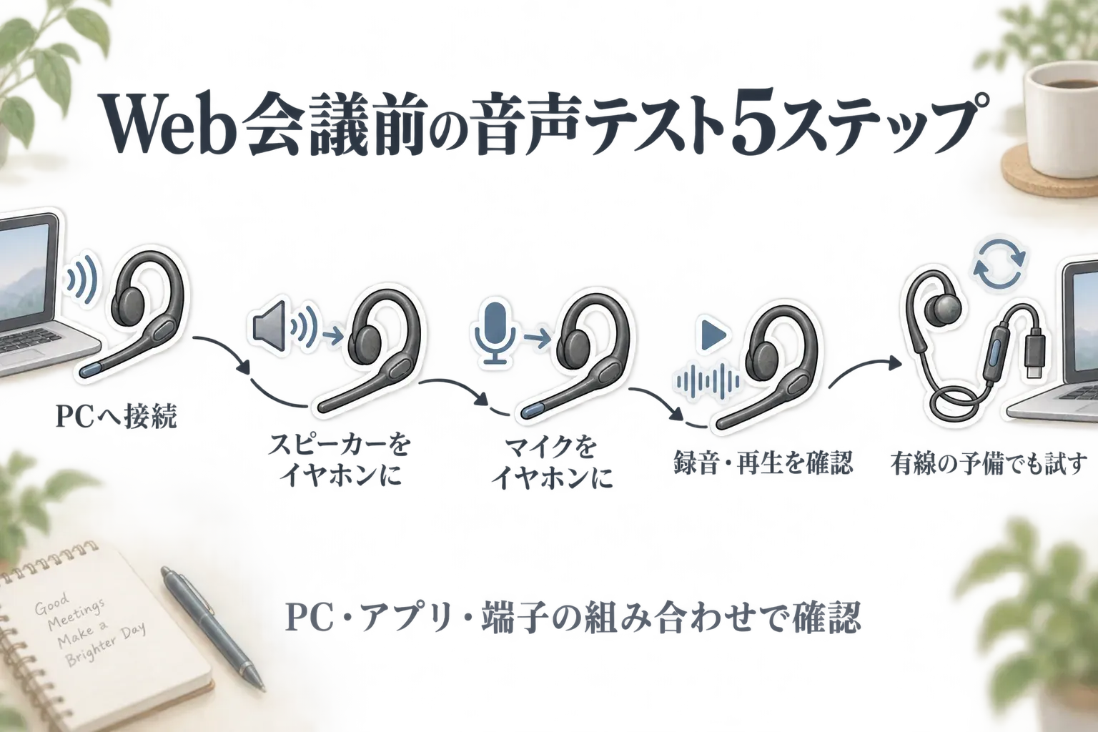 PC接続から予備の有線イヤホンの確認までを矢印で示したWeb会議前の音声テスト手順図。PCへ接続し、スピーカーとマイクをイヤホンに設定して録音・再生を確認し、有線の予備でも試す流れを示している。