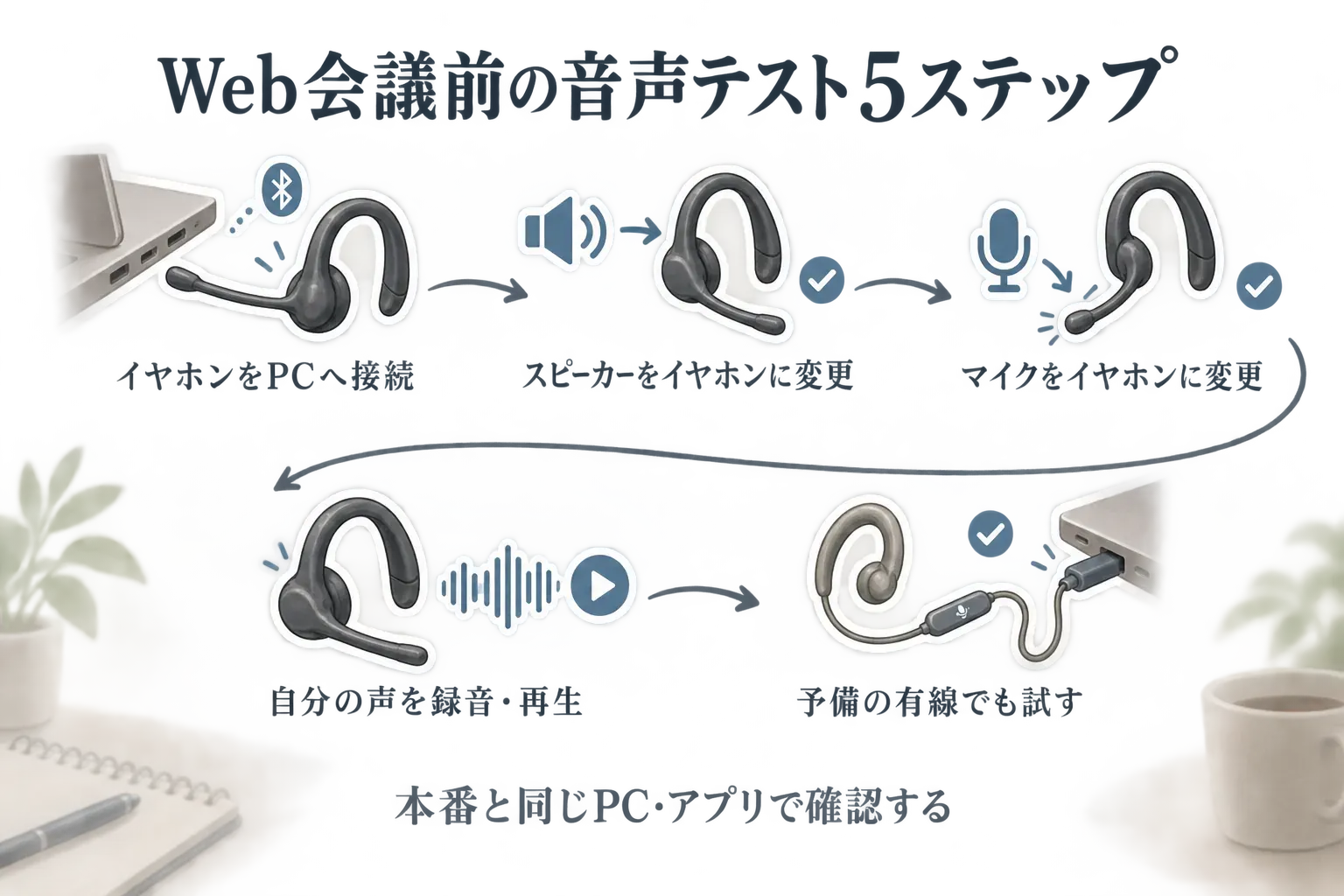 Web会議前の音声テスト5ステップを示す図。イヤホンをPCへ接続し、スピーカーとマイクをイヤホンに変更して、自分の声を録音・再生する。最後に予備の有線イヤホンでも試し、本番と同じPC・アプリで確認するよう案内している。