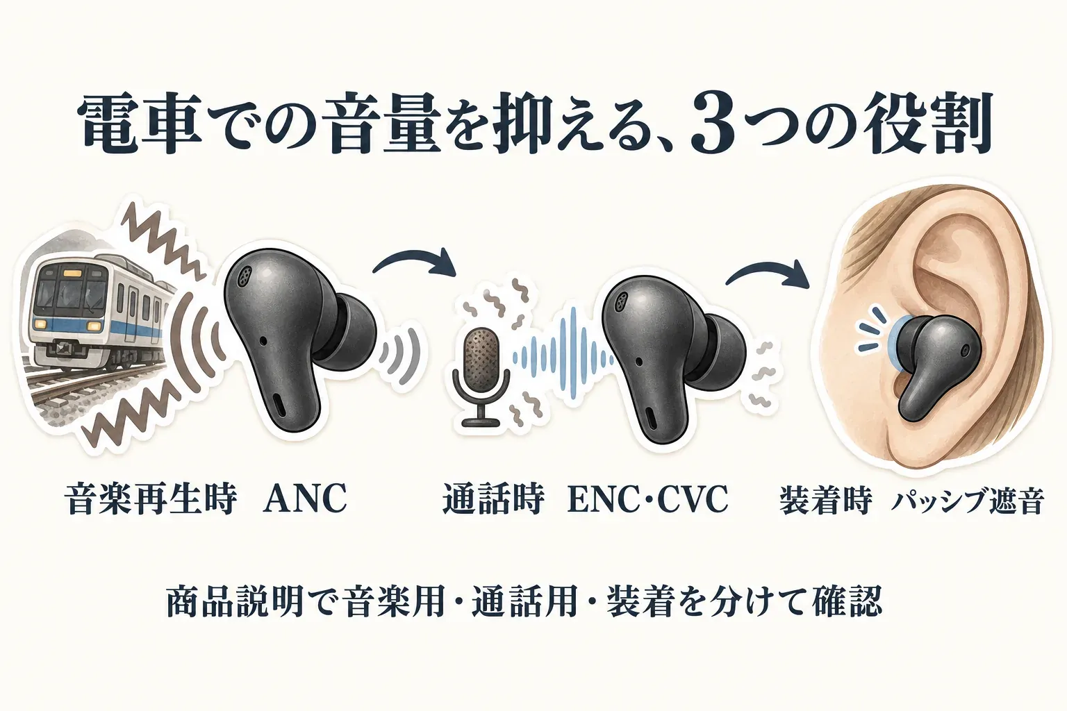電車での音量を抑えるための3つの役割を示す図。音楽再生時は電車の騒音を抑えるANC、通話時はマイク周辺の雑音を低減するENC・CVC、装着時はイヤーピースで音を入りにくくするパッシブ遮音として、商品説明では音楽用・通話用・装着時の機能を分けて確認すると説明している。
