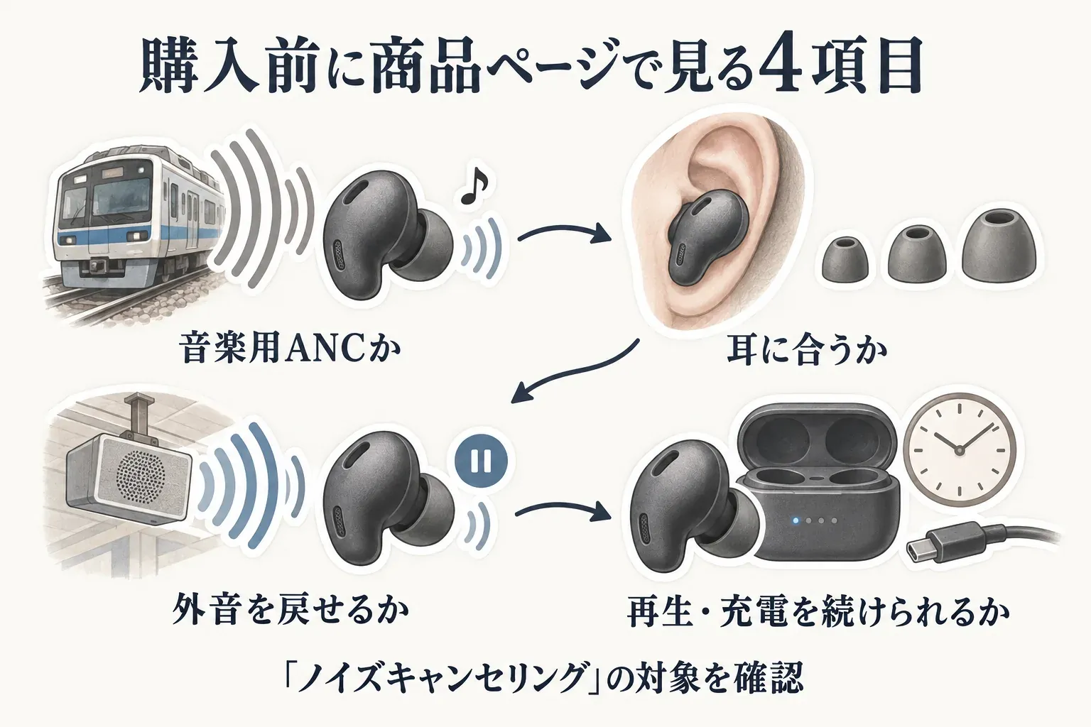 電車用完全ワイヤレスイヤホンを購入前に商品ページで確認する4項目を示す図。音楽再生時のANC、耳に合うイヤーピースと装着感、駅の案内を聞くための外音取り込み、再生時間と充電を確認する流れを描いている。