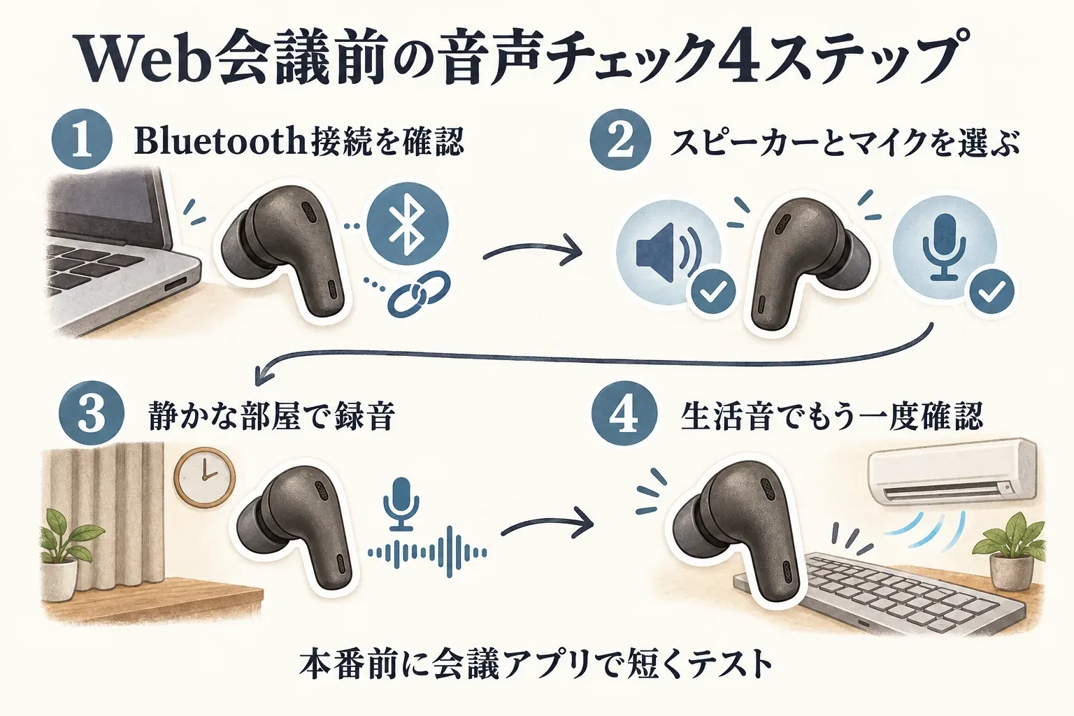 Web会議前の音声チェック4ステップを示す図。Bluetooth接続を確認し、会議アプリでスピーカーとマイクにイヤホンを選び、静かな部屋で録音し、キーボード音や空調音など生活音がある状態でもう一度確認する流れを描いている。