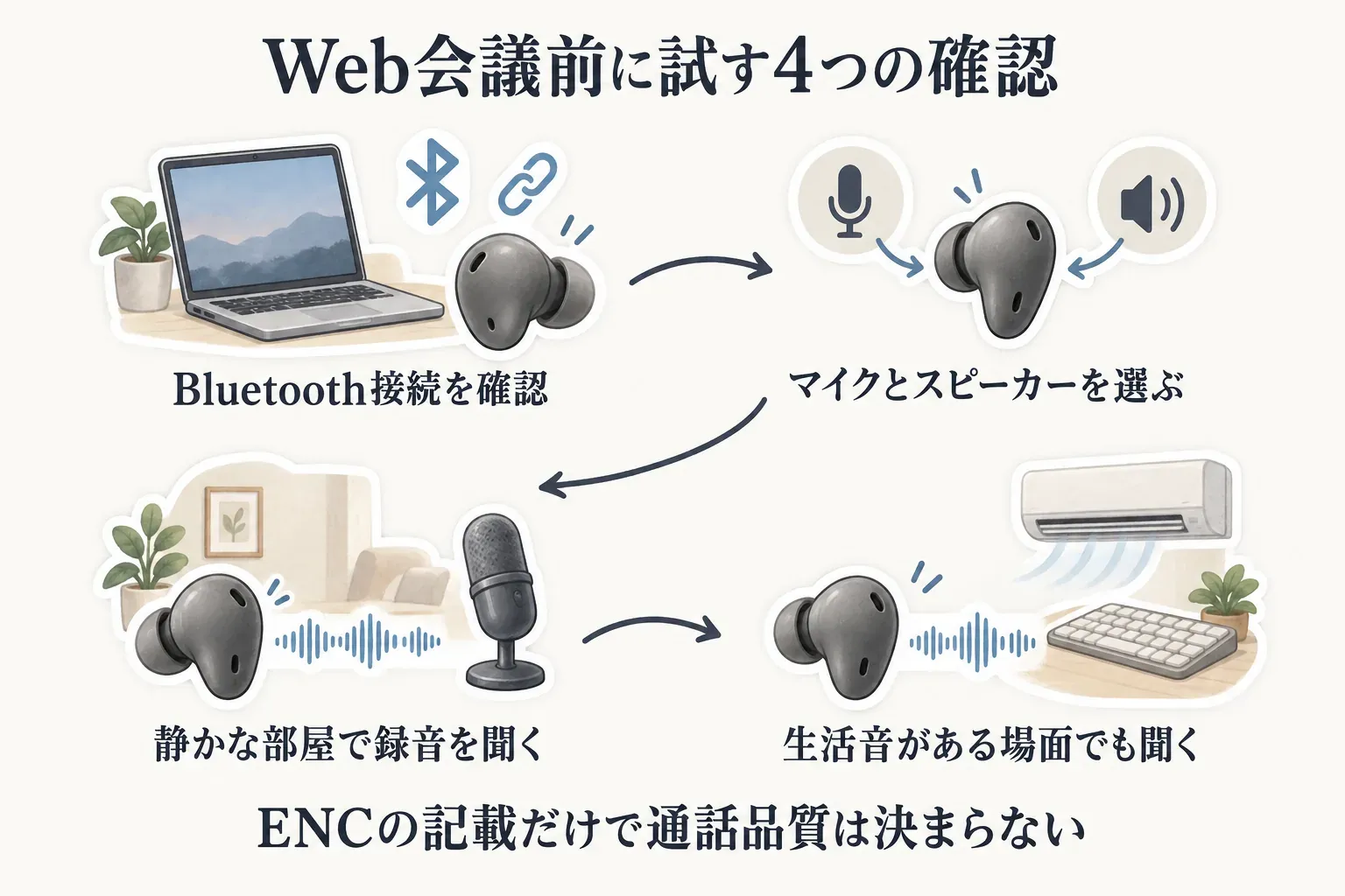 Web会議前に試す4つの確認を示す図。イヤホンのBluetooth接続、会議アプリでのマイクとスピーカーの選択、静かな部屋で録音を聞くこと、生活音がある場面でも録音を聞くことを順に案内し、ENCの記載だけで通話品質は決まらないと伝えている。